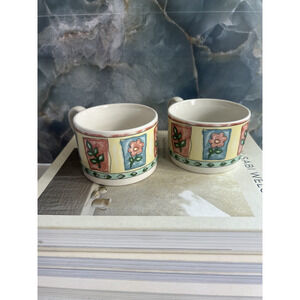 Farberware Mugs Window Box Floral Coffee Cup Tea Stoneware 2.5" Set of 2